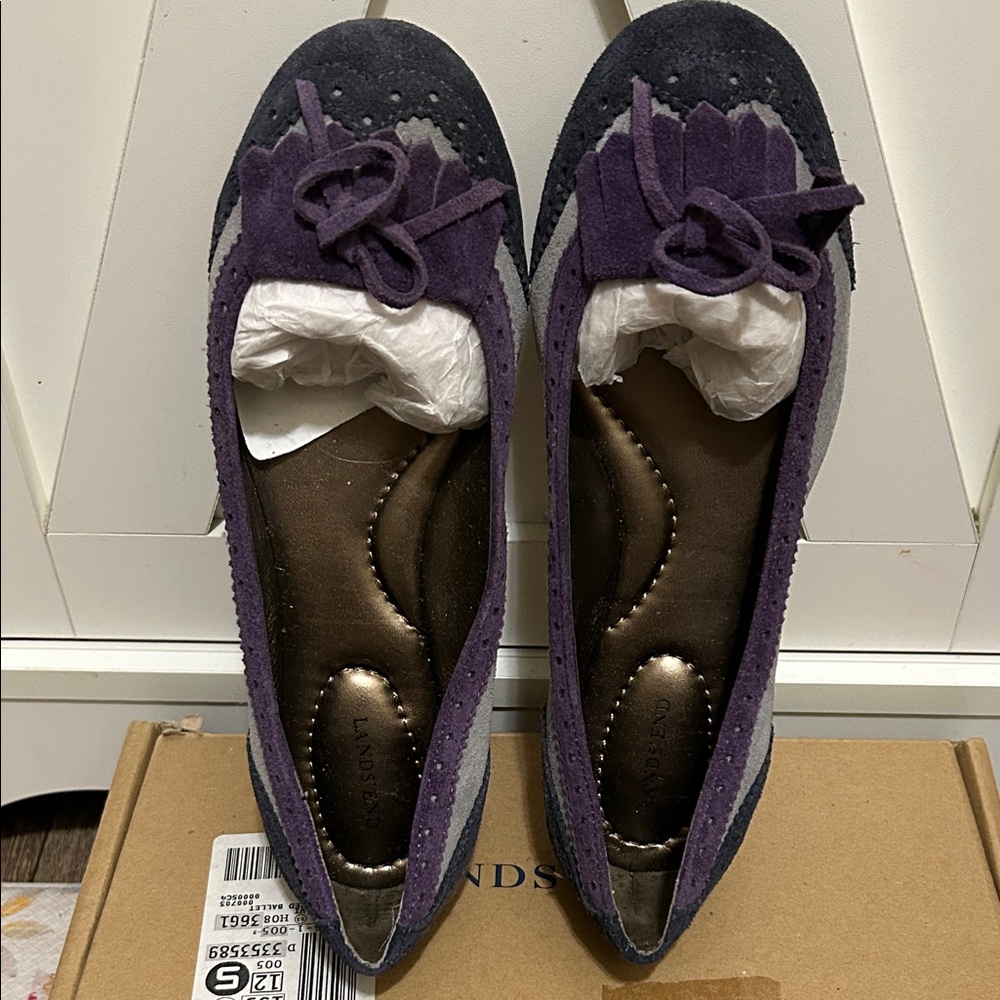 Lands' End Purple and Gray Suede Fringe Tie Flats